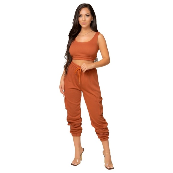 Ribbed Crop Top and Cargo Jogger Set Brown Medium - Picture 5 of 14
